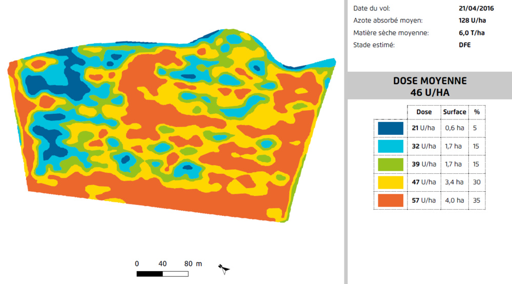 Carte de zonage détaillée indiquant les différentes quantités d’azote à apporter sur un champ de céréales à paille de 11 hectares, fournie par AIRINOV.