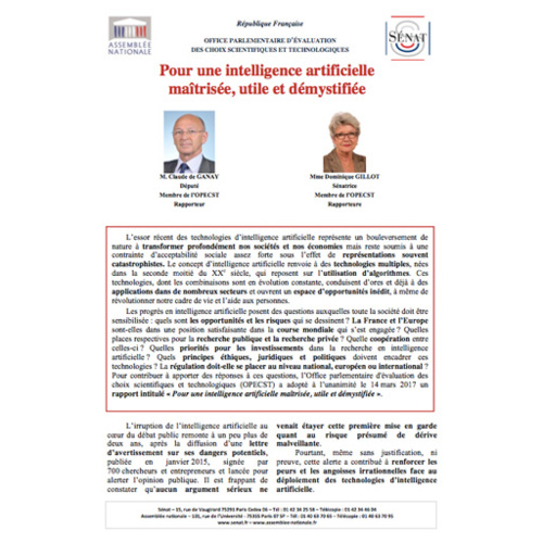 Publication du rapport de l’OPECST sur l’intelligence artificielle (IA) Publication du rapport de l’OPECST sur l’intelligence artificielle (IA)